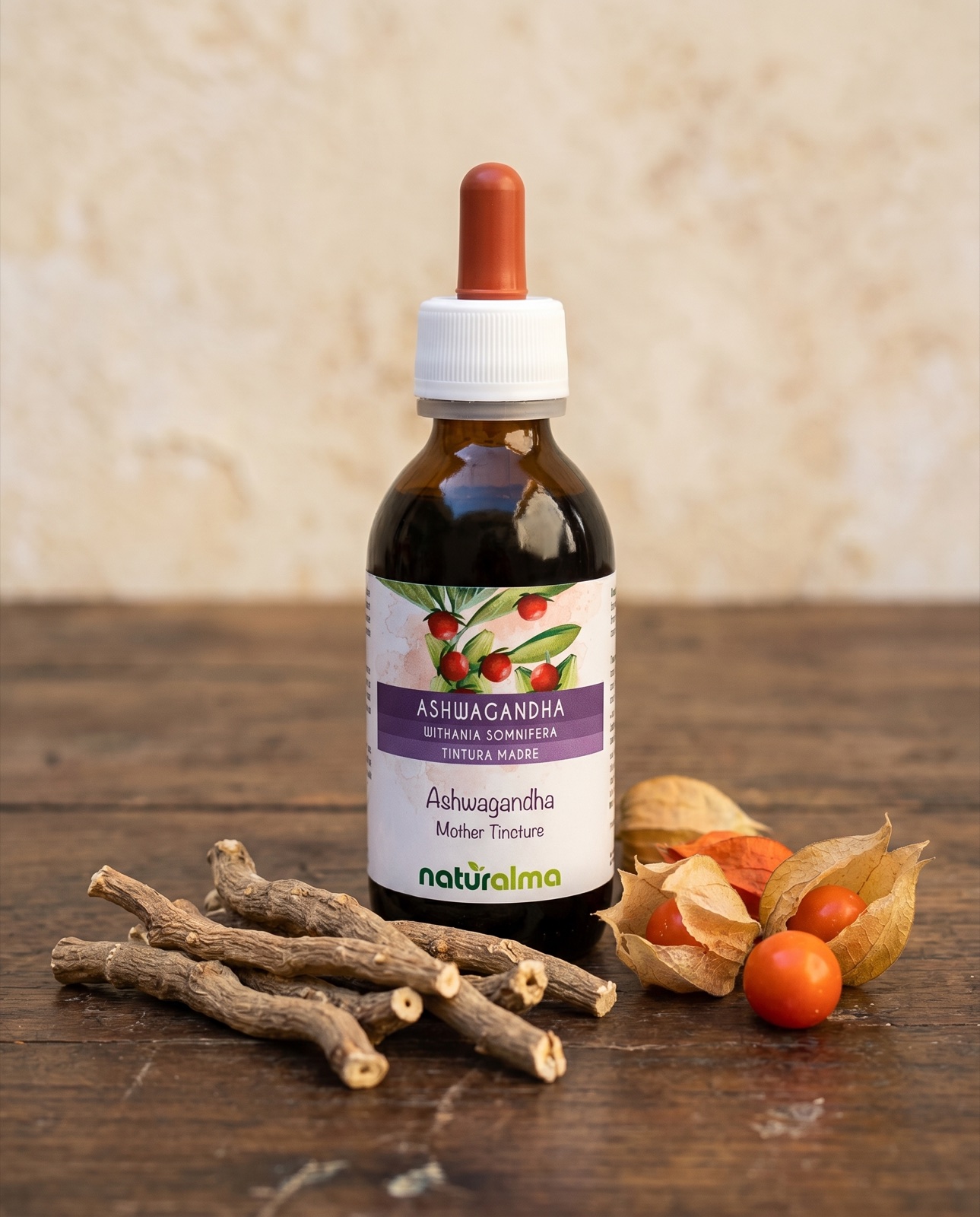 Dettaglio macro della radice di ashwagandha, Withania somnifera