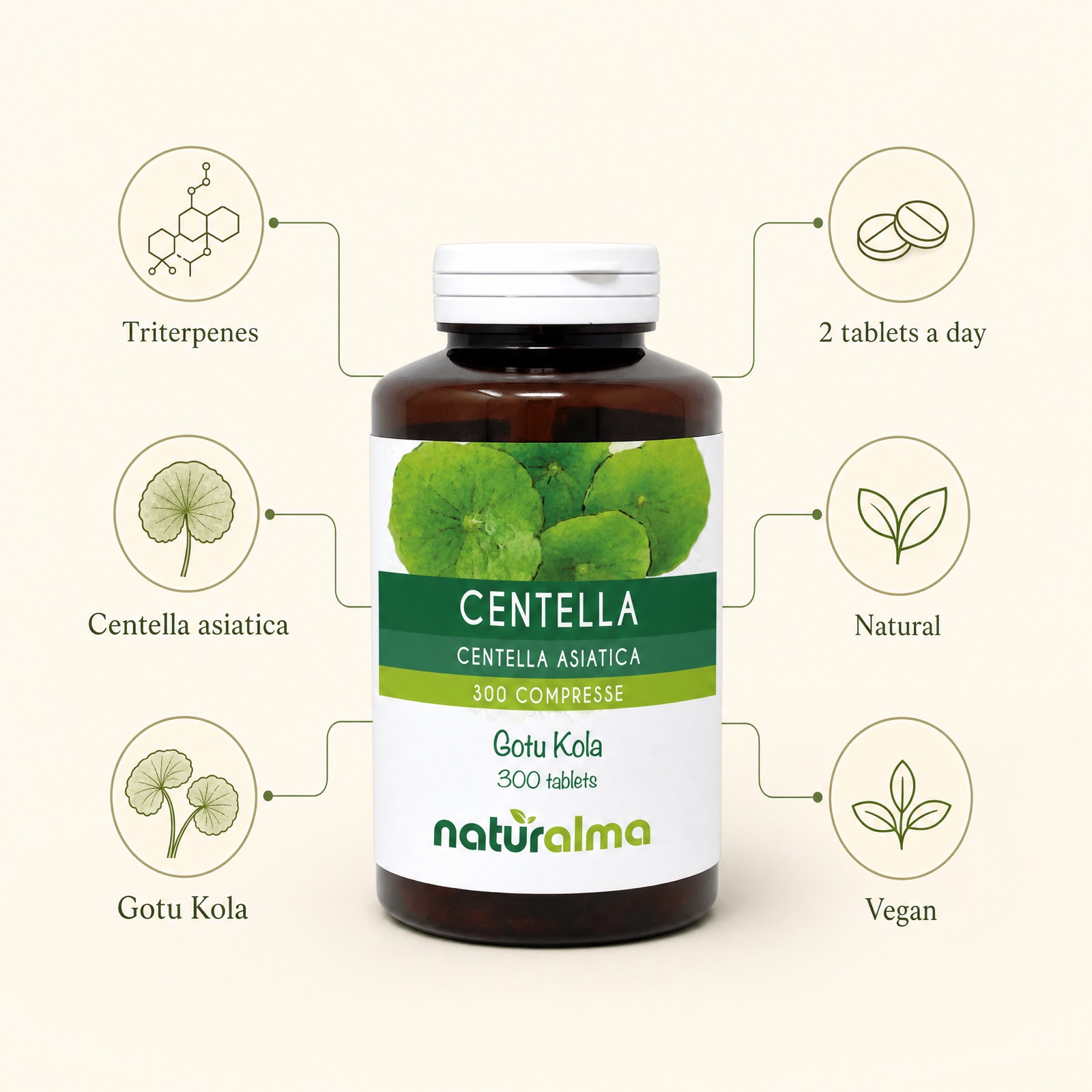 Naturalma Centella (Gotu Kola) 300 tablets — infographic: the jar at the centre with triterpenes, asiaticoside and madecassoside, microcirculation and legs, connective tissue, 2 tablets a day, natural and vegan