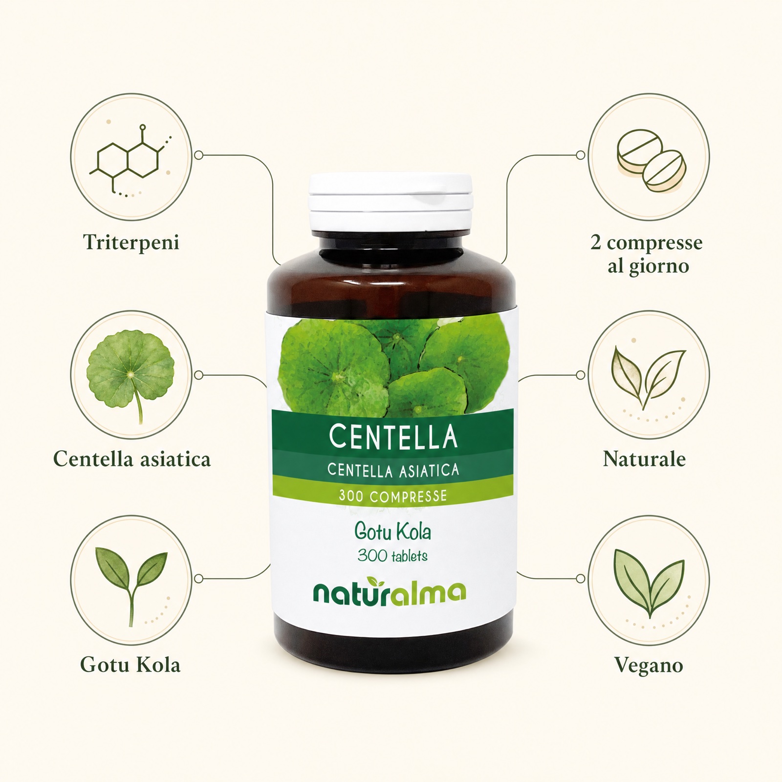 Centella 300 compresse Naturalma — infografica: il barattolo al centro con triterpeni, asiaticoside e madecassoside, microcircolo e gambe, tessuto connettivo, 2 compresse al giorno, naturale e vegano