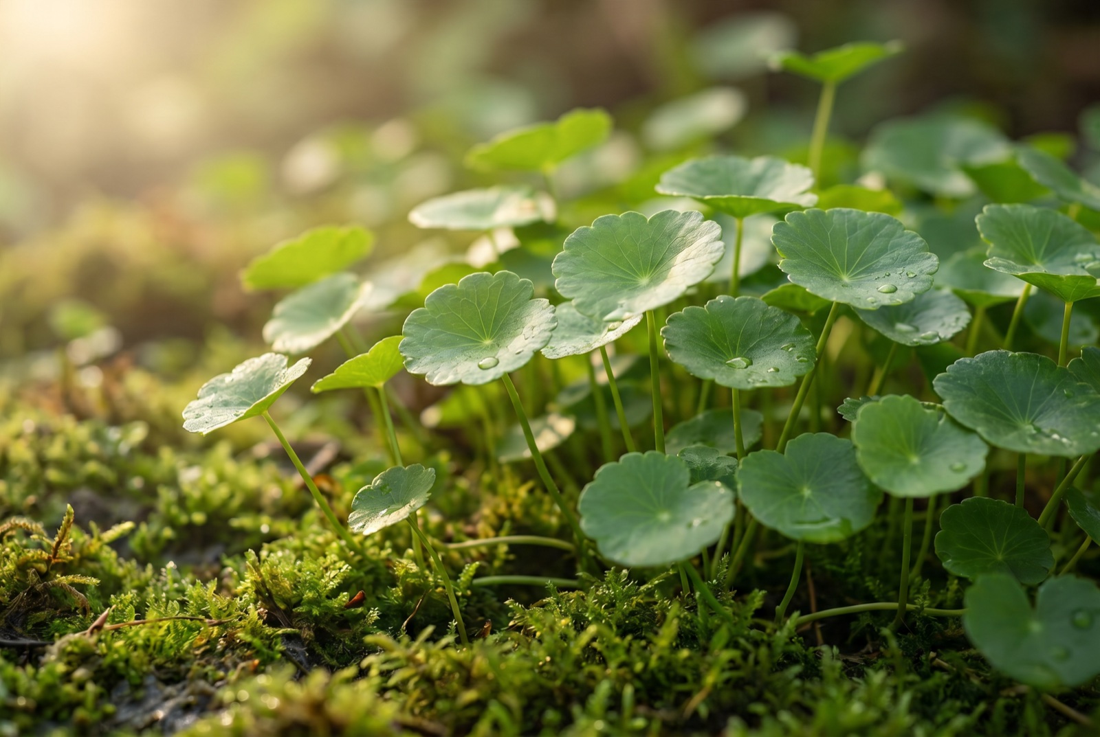 Centella asiatica — pianta con foglie a ventaglio nel suo habitat naturale