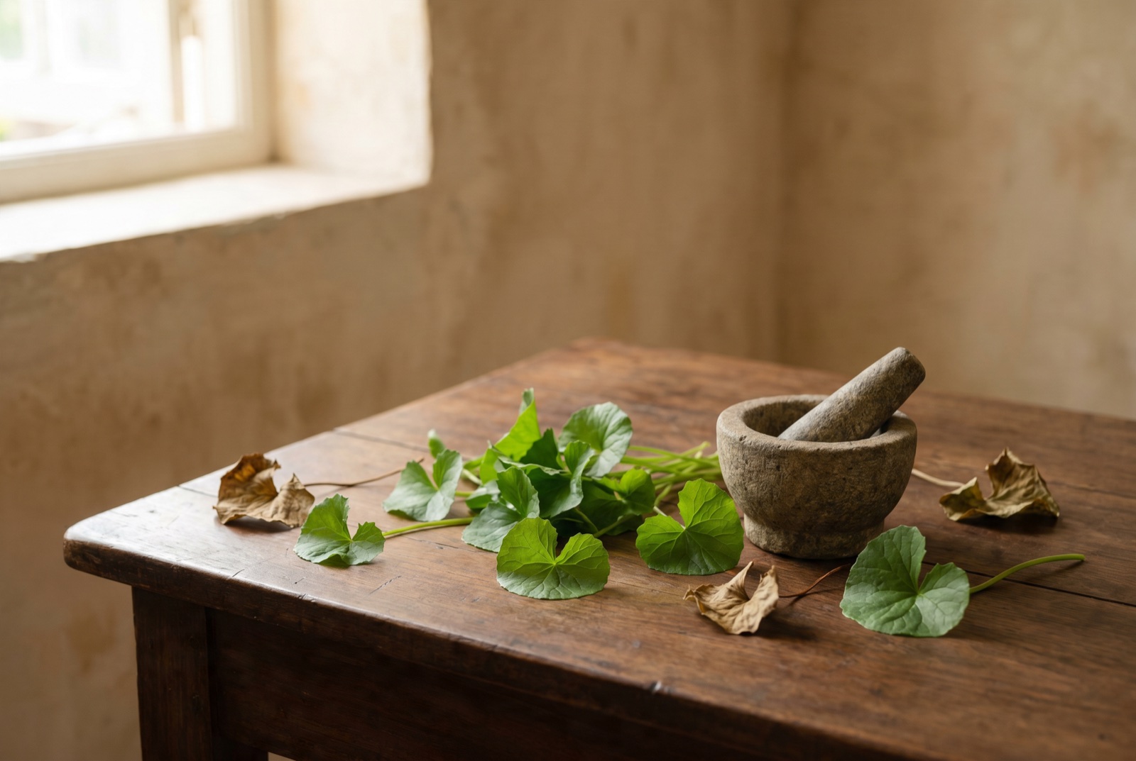 Centella asiatica — still life erboristico con foglie fresche, foglie secche e mortaio