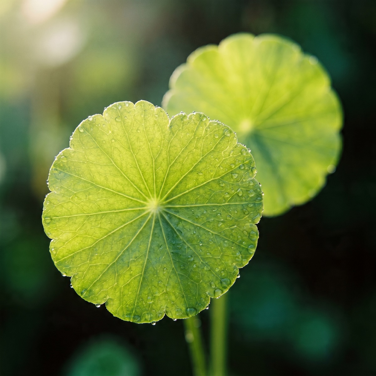 Centella asiatica — macro delle foglie, venature e microcircolo