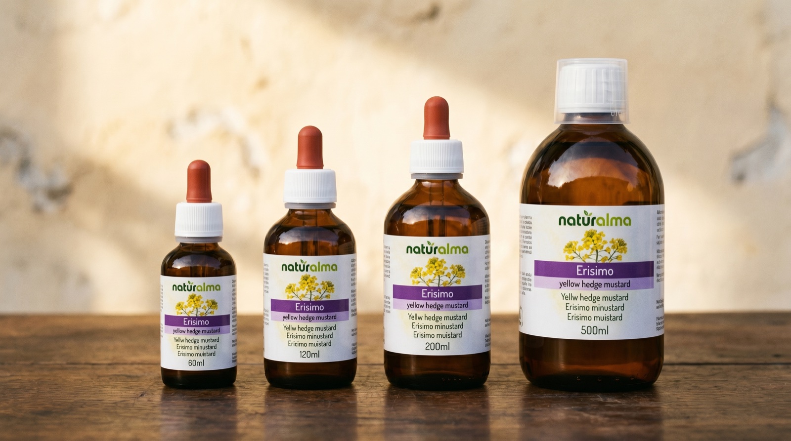 Erisimo Naturalma — estratto idroalcolico in gocce nei flaconi amber 60, 120 e 200 ml con contagocce, fiori gialli di erisimo